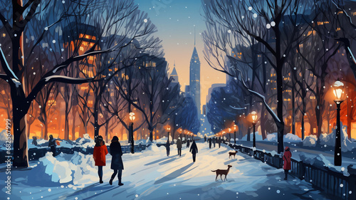 Illustration of winter landscape with trees and lots of snow. People walking in the park.