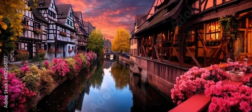 Twilight Serenity: A Picturesque Timbered Houses by the Canal, Colmar France photo