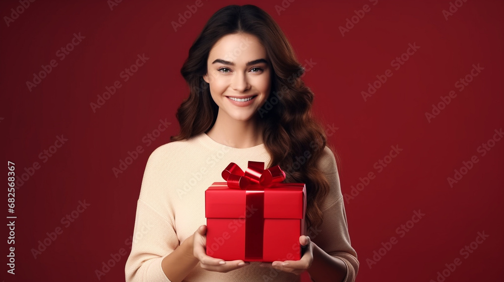 Portrait of casual young happy smiling woman hold red gift Portrait of casual young happy smiling woman hold red gift