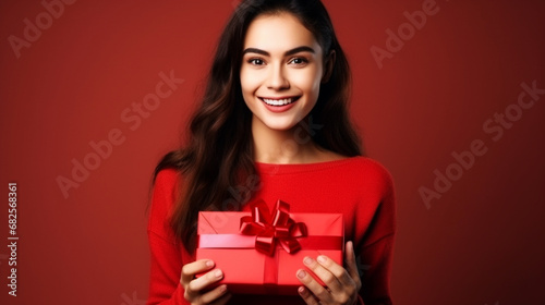 Portrait of casual young happy smiling woman hold red gift