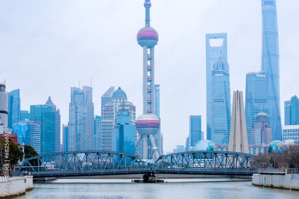 Scenery of Zhapu Bridge-Lujiazui and Waibaidu Bridge in Huangpu District, Shanghai