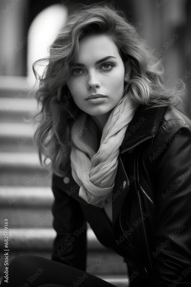 Girl is posing at the steps in black and white style shot Girl is posing at the steps in black and white style shot
