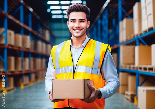 Portrait of smiling male warehouse worker holding box in warehouse. This is a freight transportation and distribution warehouse. Industrial and industrial workers concept