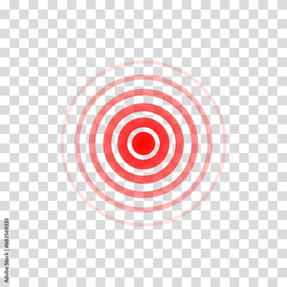 Pain circle wave. Target icon. Red effect pulse isolated on transparent background. Signal radar. Pattern sonar. Vibration line design. Radial rays. Round ripple logo. Sonic waves. Vector illustration