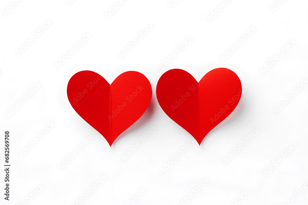 Valentines Day concept. Red paper hearts with original shadow on white background