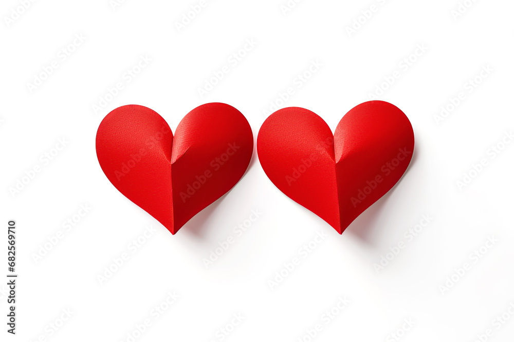 Red paper hearts with original shadow on white background. Valentines Day card