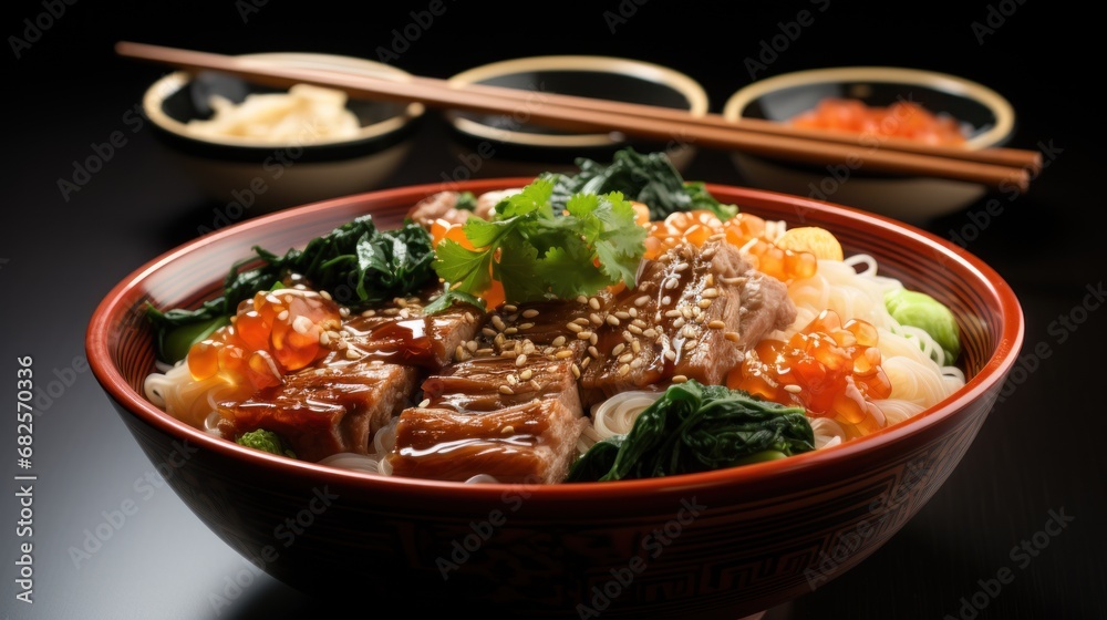 A bowl of buckwheat noodles many vegaetables UHD wallpaper