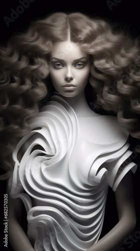 A stunning woman with long, curly hair in an elegant white dress. Generative AI.