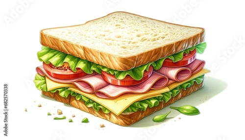 Detailed Watercolor Illustration of Ham and Cheese Sandwich with Lettuce and Tomato on White Background, Realistic Food Art