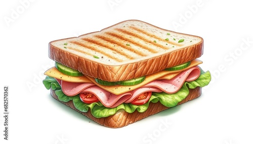 Realistic Watercolor Illustration of Classic Ham and Cheese Sandwich with Fresh Lettuce and Tomato on White Background, Perfect for Menu Design