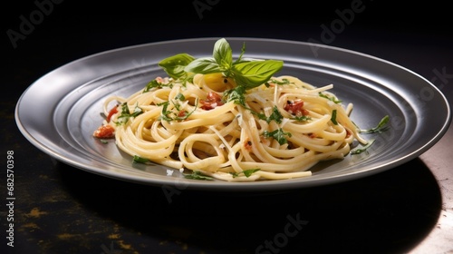 A delicious plate of linguini with creamy white sauce, topped with crispy bacon and fragrant herbs. Generative AI.