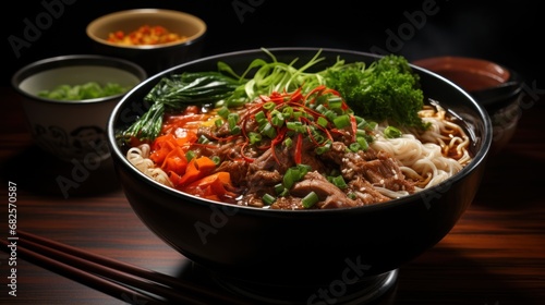 A bowl of buckwheat noodles many vegaetables UHD wallpaper