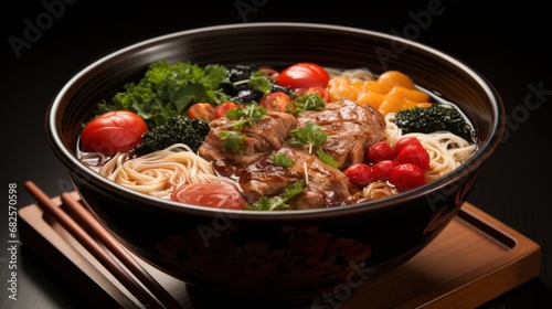 A bowl of buckwheat noodles many vegaetables UHD wallpaper