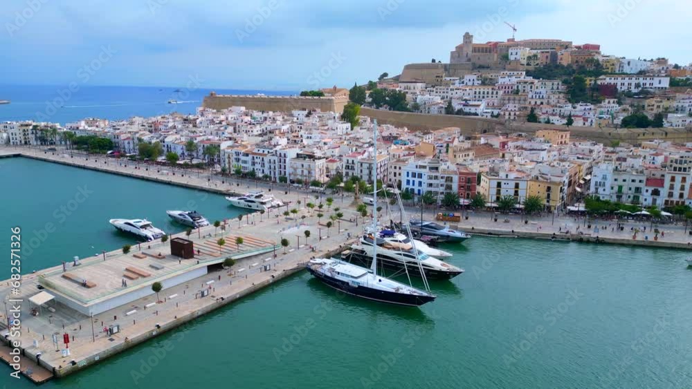 Sailing yacht aerial view flight drone Ibiza Town old City Harbor Port promenade Sailing yacht aerial view flight drone Ibiza Town old City Harbor Port promenade