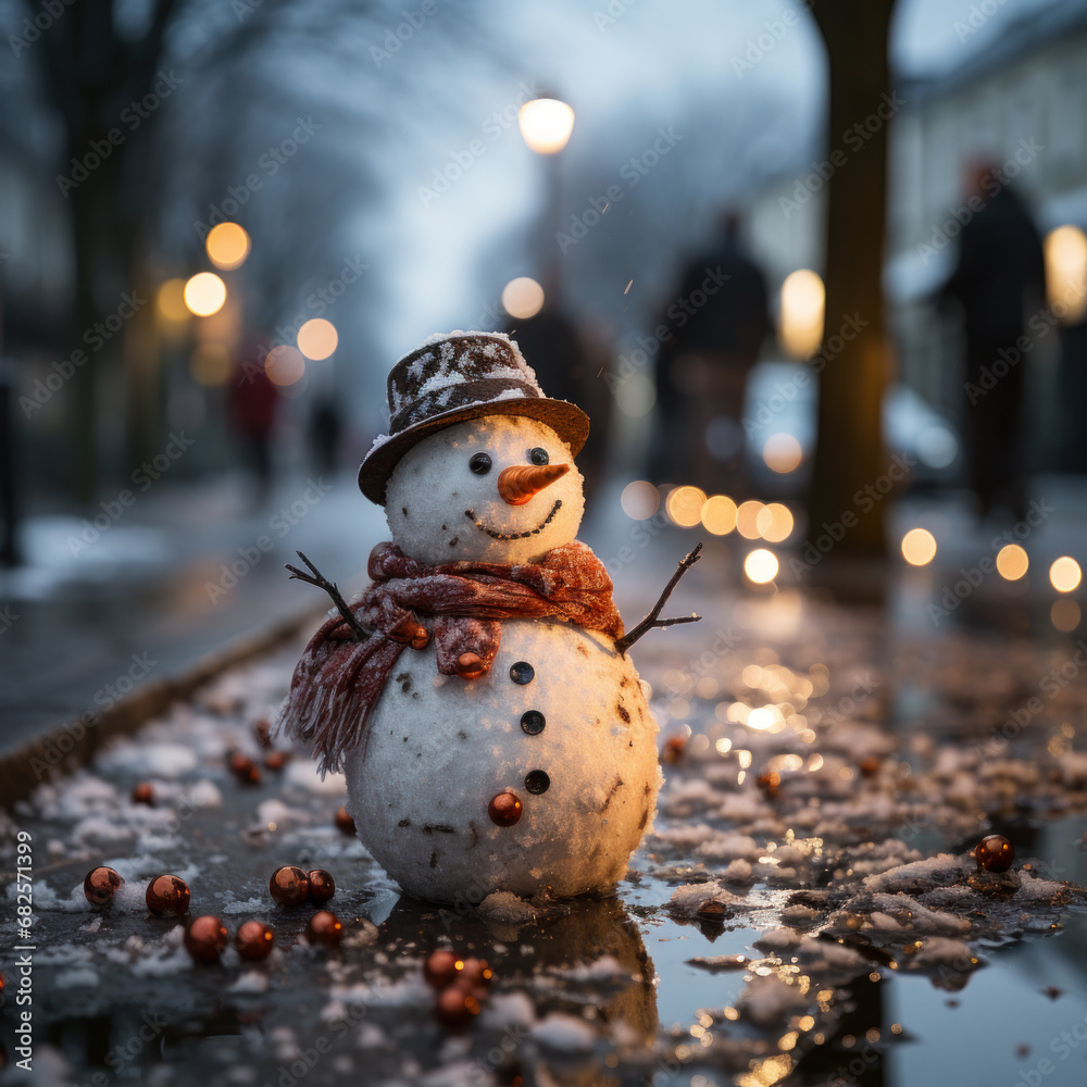 Obraz premium Charming snowmen on the city's snow-covered pavements