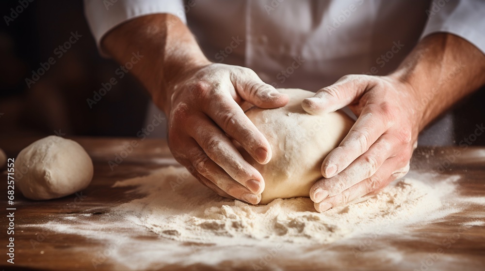 Hands Kneading Dough in Bakery Baking Process. Generative ai