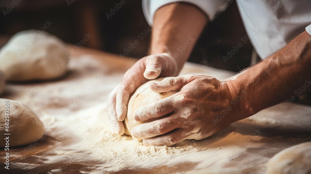 Hands Kneading Dough in Bakery Baking Process. Generative ai