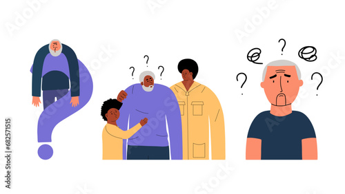 Concept  Dementia set. Old people with Alzheimer's nervous system disease. Vector illustration