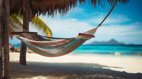 Tropical Relaxation: Hammock with Blurred Caribbean Beach Background. Generative ai © Scrudje