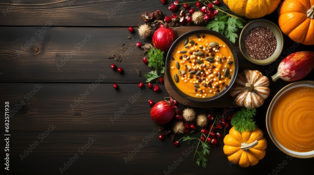 Top view of autumnal pumpkin soup with seasonal decorations on wooden table. Top view of autumnal pumpkin soup with seasonal decorations on wooden table.