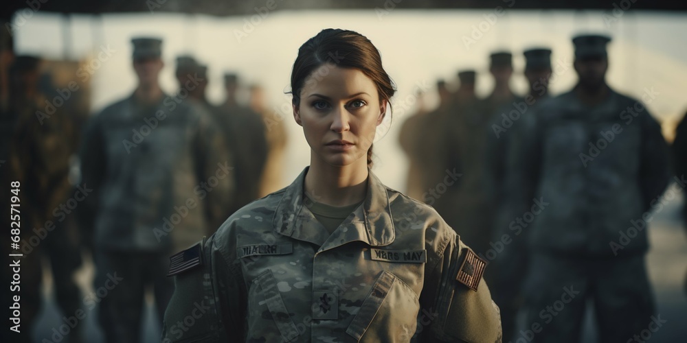 Female Soldier in Uniform Standing in Military Formation. Generative ai Female Soldier in Uniform Standing in Military Formation. Generative ai