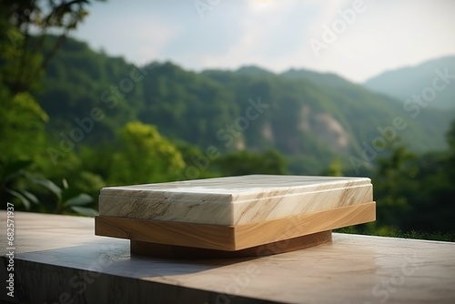 Mockup, um Produkte abzustellen auf einem luxuriösen Marmor. Steinfläche zur Produktpräsentation. Platzhalter für Produkte mit asiatischer Landschaft wie in Thailand als Hintergrund.  photo