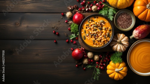 Top view of autumnal pumpkin soup with seasonal decorations on wooden table.