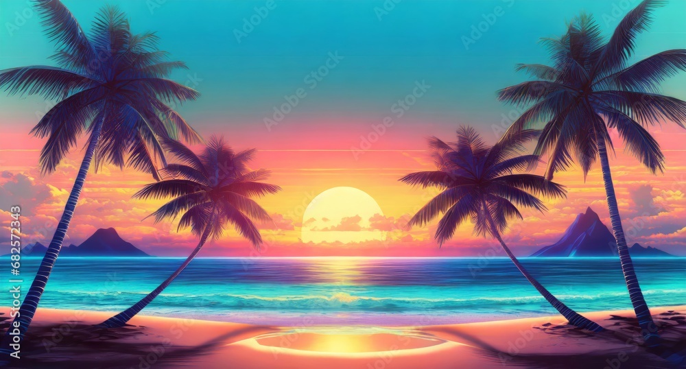 retrowave sunset on the beach