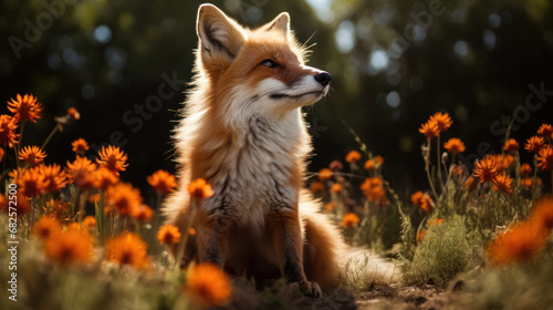 Fluffy red fox in flowering meadow