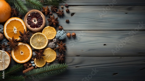 Top view of festive Christmas fruits and spices on wooden background.