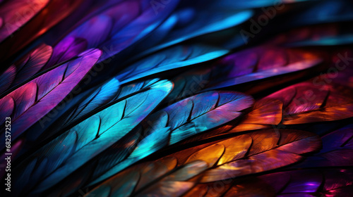 Multi-colored, vibrant abstract texture, wing of psychedelic dragonfly under microscope photo