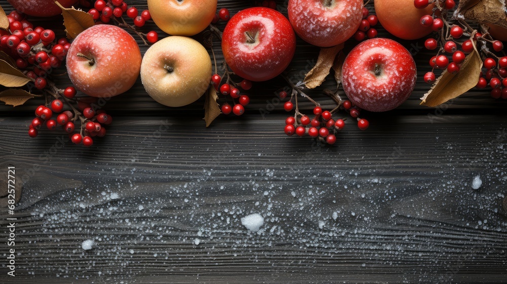 Top view of festive Christmas fruits and spices on wooden background. Top view of festive Christmas fruits and spices on wooden background.