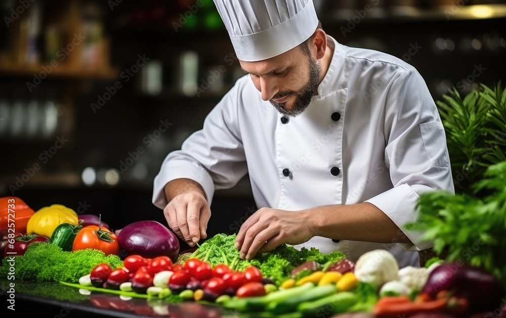 Chef in a uniform choosing fresh vegetables for preparation Chef in a uniform choosing fresh vegetables for preparation