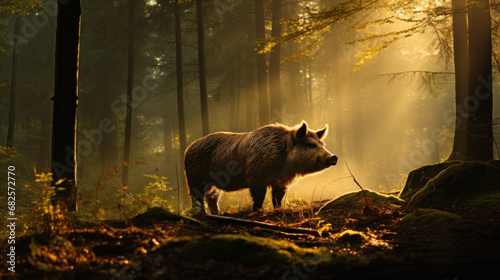Big wild boar in forest, sunrise light