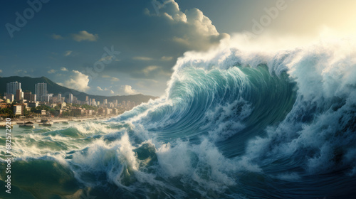 Huge tsunami wave, natural disaster photo