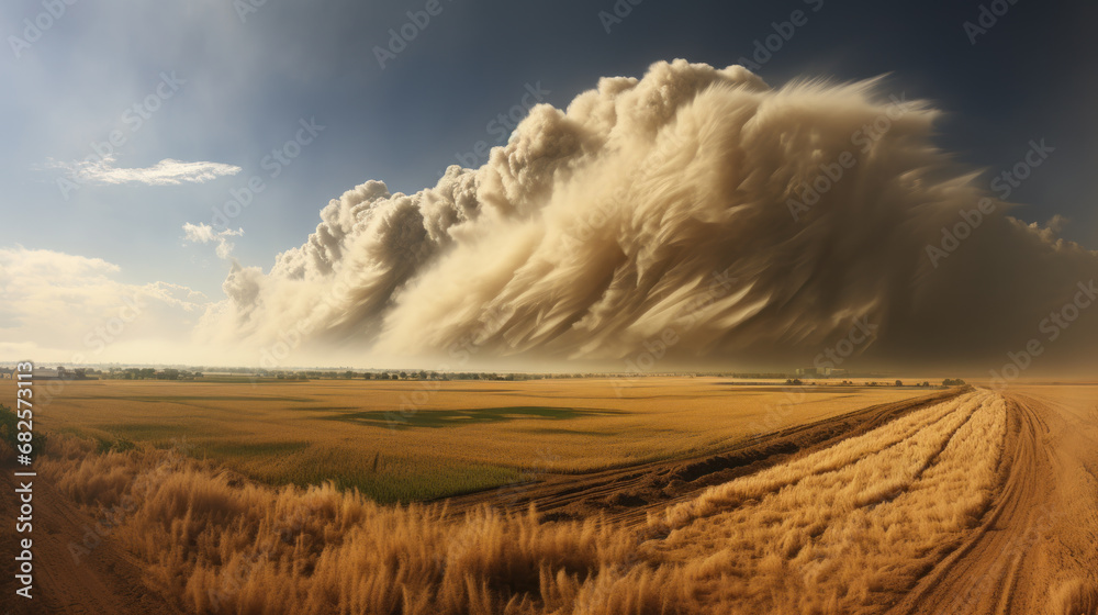 Heavy dust storm over farmland