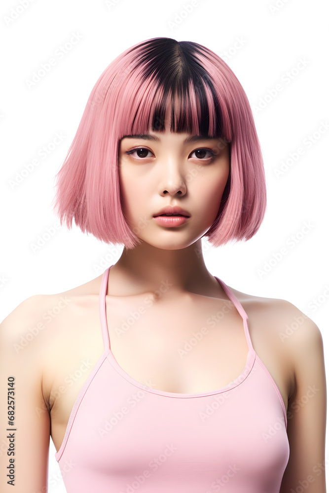 portrait white short hair asian girl wearing a pink tank top on a white background, generative ai portrait white short hair asian girl wearing a pink tank top on a white background, generative ai