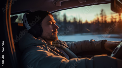 Irresponsible reckless driver in headphones fell asleep behind the wheel photo