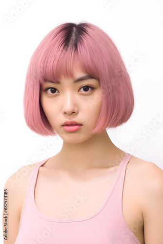 portrait white short hair asian girl wearing a pink tank top on a white background, generative ai