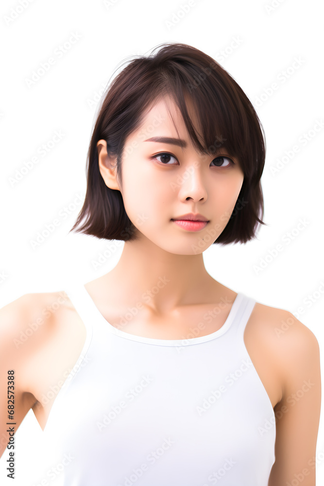 portrait white short hair chinese girl wearing a white tank top on white background, generative ai portrait white short hair chinese girl wearing a white tank top on white background, generative ai