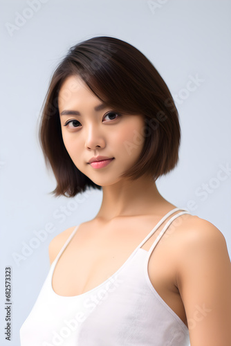 portrait white short hair chinese girl wearing a white tank top on  white background  generative ai