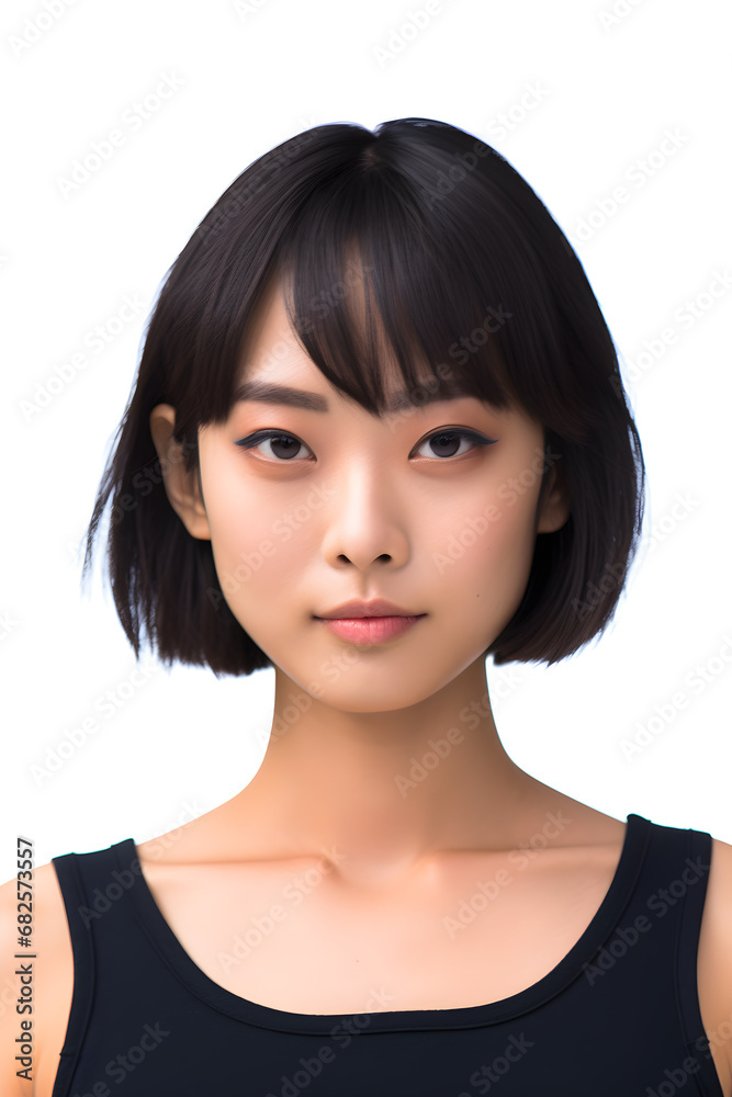 portrait white short hair asian girl wearing a black tank top on white background, generative ai portrait white short hair asian girl wearing a black tank top on white background, generative ai
