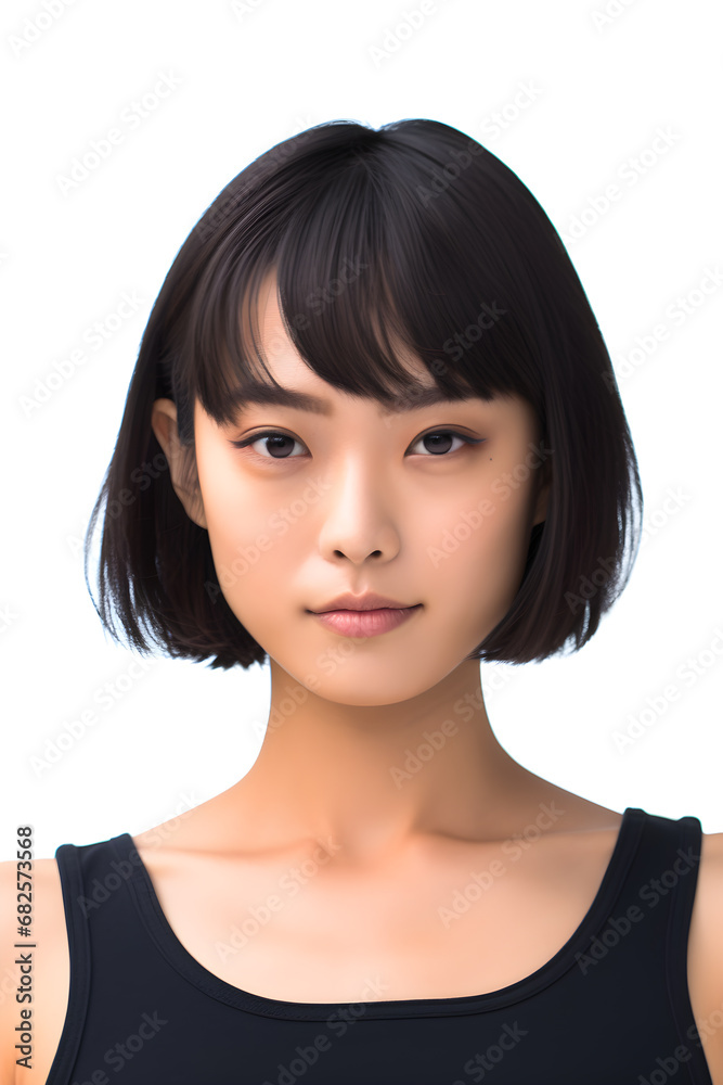 portrait white short hair asian girl wearing a black tank top on white background, generative ai portrait white short hair asian girl wearing a black tank top on white background, generative ai