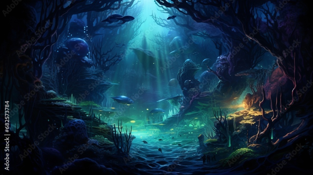A deep sea landscape, with bioluminescent creatures and plants illuminating the ocean depths.