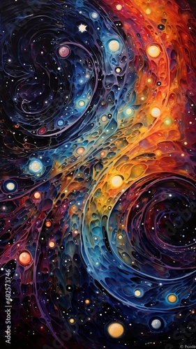 A cosmic dance of swirling galaxies and stars in abstract form.