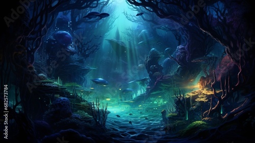 A deep sea landscape  with bioluminescent creatures and plants illuminating the ocean depths.