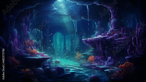 A deep sea landscape, with bioluminescent creatures and plants illuminating the ocean depths.