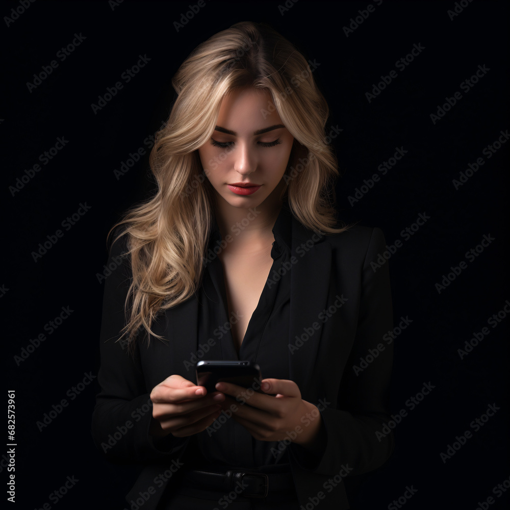 Portrait of beautiful young businesswoman using mobile phone on black background Portrait of beautiful young businesswoman using mobile phone on black background