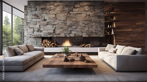 Wooden live edge accent coffee table between white sofas by fireplace in stone cladding wall. Minimalist style home interior design of modern living room in villa © Alin