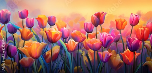 A field of vibrant  digital tulips swaying in an imaginary breeze.